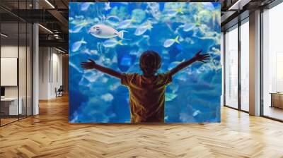 Little boy, kid watching the shoal of fish swimming in oceanarium, children enjoying underwater life in Aquarium Wall mural