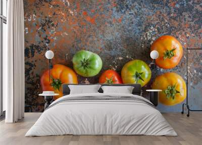 Different sizes of colorful fresh tomatoes on a rusty background. Top view and copy space. Wall mural