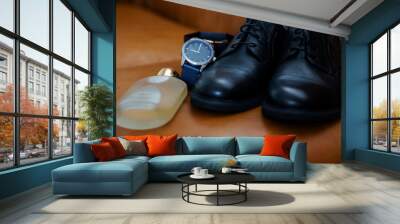 Stylish Men's Grooming Essentials: A Watch, Shoes, and Fragrance Ensemble Wall mural