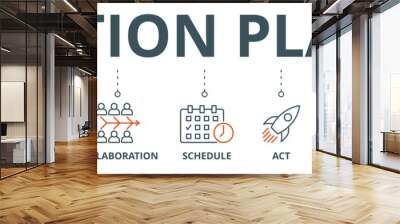 Action plan banner web icon vector illustration concept with icon of objective, strategy, collaboration, schedule, act, launch, check, and implementation Wall mural