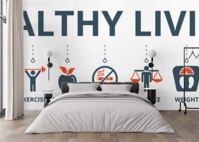 Healthy living banner web icon vector illustration concept with icon of nutrition, sport, exercise, vitamin, no smoking, balance, weight, relax and lifestyle Wall mural