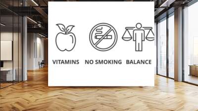 Healthy living banner web icon vector illustration concept with icon of nutrition, sport, exercise, vitamin, no smoking, balance, weight, relax and lifestyle Wall mural