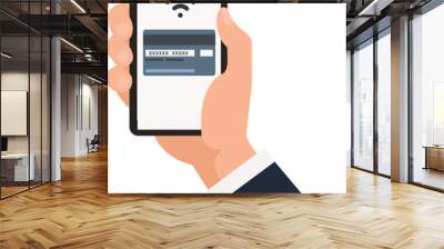 Hand holding a phone with credit card on the screen. Illustration in flat style Wall mural