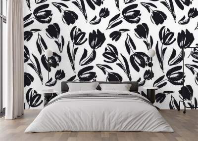 black and white sketch tulip seamless pattern Wall mural