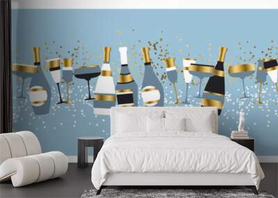 Champagne bottles and glasses color vector illustration Wall mural