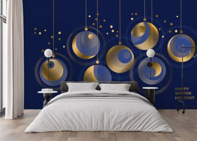 Luxury elegant golden xmas baubles on blue Wall mural