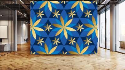 luxury gold and blue floral geometric seamless pattern. Wall mural