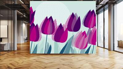 Purple tulip flowers with dot geometry texture pattern. Vector illustration for surface design, background, cord, invitation, poster. Wall mural