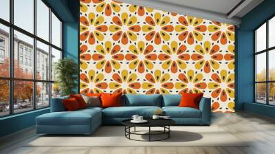 Retro orange and yellow color 60s flower motif. Geometric floral seamless pattern.  vector illustration Wall mural