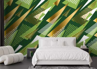 seamless triangle green and gold luxury pattern on black backgro Wall mural