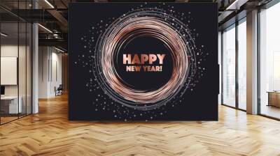 sparkling circle vector illustration. new year abstract background for card, header, poster, invitation. rose gold star on black night color Wall mural