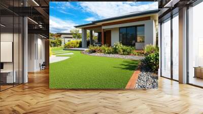 Australian-style front yard featuring artificial grass lawn turf with timber edging and a large flower garden. Wall mural