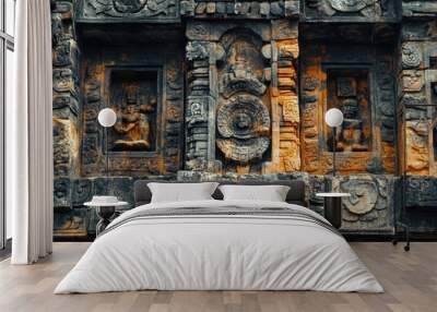 Intricate Stone Carvings on an Ancient Mayan Temple Wall Wall mural