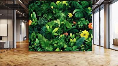 Seamless pattern featuring vibrant tropical rainforest elements with colorful birds and exotic flowers. Wall mural