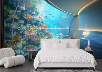 Underwater hotel with clear walls showing marine life Wall mural