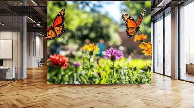 Urban park scene with butterflies flying over colorful blooming flowers, highlighting the importance of urban wildlife habitats. Wall mural