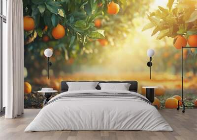 A beautiful orange orchard with vibrant oranges hanging from the trees, bathed in warm sunlight Wall mural