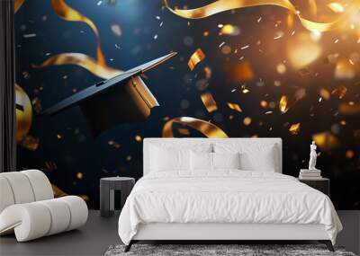 A golden ribbon and graduation cap floating in the air, with dark blue background and golden light effects Wall mural