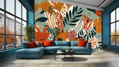 A seamless pattern of jungle foliage, with leaves and flowers in earthy tones of terracotta orange Wall mural