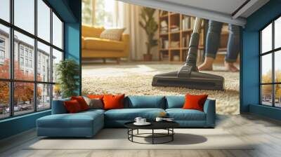 A woman is using a vacuum cleaner to clean the carpet in her living room, a close-up Wall mural