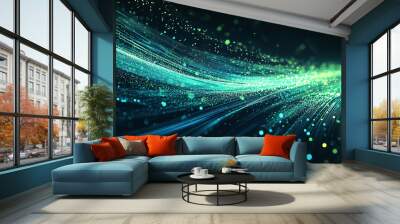 Background with glowing light blue and green lines, particles of data flowing in the air Wall mural