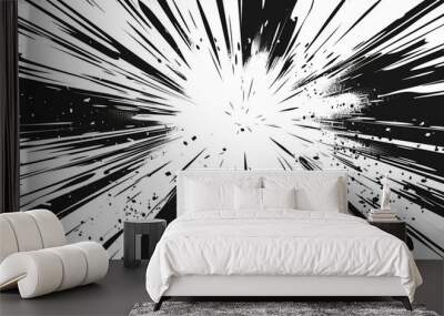 Black and white comic book background with white space in the center, rays of light emanating from that central area, creating an explosion effect Wall mural