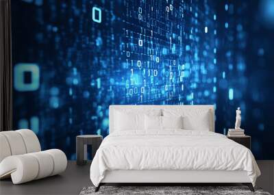 Blue binary code background with glowing lights and data flowing, technology concept Wall mural