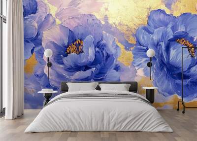 Blue peonies, light purple background, gold decoration, watercolor painting Wall mural