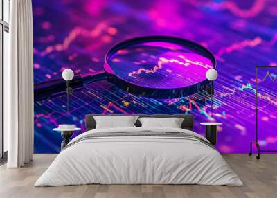 Close-up of magnifying glass over colorful stock market graph against a purple background Wall mural