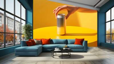 Hand holds a yellow can of soda on a yellow background Wall mural