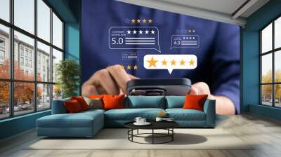 Online customer satisfaction Survey service concept, client rate service from experience in application,Consumer give five-Stars and feedback review for quality, Business reputation ranking from buyer Wall mural