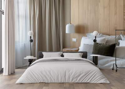 A bedroom with light wood walls, linen curtains and white bed sheets, minimalistic design, cozy bedroom atmosphere, soft lighting from a pendant lamp,closeup shot of the side table in front of the bed Wall mural