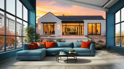 A stunning modern farmhouse in Arizona features crisp white stucco walls and a dramatic black metal roof. The tall windows and large glass doors open to a patio, illuminated by the warm sunset light. Wall mural