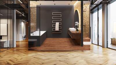 Interior of a black bathroom with a wooden floor with a shower, washbasin, a large mirror on a golden mosaic wall, a towel, a heated towel rail, a bathroom with a partition, a toilet bowl. 3d render Wall mural