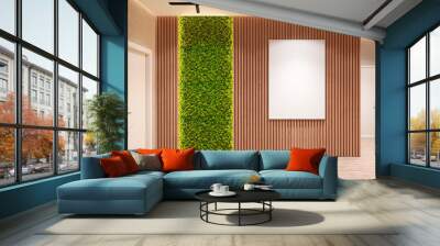 Modern eco-style interior with a vertical poster on a wooden wall, backlit moss, spotlights in the ceiling, two doors and a wooden floor. Front view. 3d render Wall mural