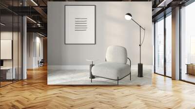 Modern light interior with a vertical poster on a light gray wall, a modern black lamp near a minimalist armchair with a coffee table, a round carpet on a white parquet floor. Front view. 3d render Wall mural