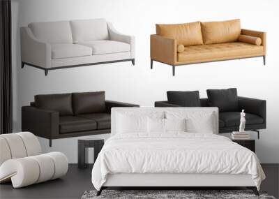 Set of four perspective views of a modern three-seater sofas. An ivory modern classic sofa with shaped armrests, a dark brown leather sofa, an orange leather sofa, and a black leather sofa. 3d render Wall mural