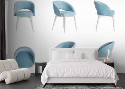 Set of six views of a modern chair with a velvet light blue cover, and four white legs isolated on a transparent background. Front view, top view, two sides, two perspectives. 3d render Wall mural