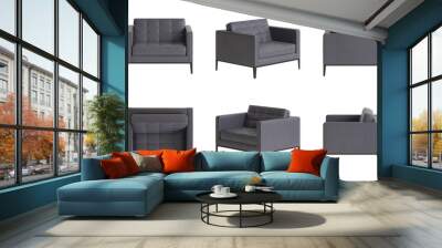 Set of six views of a stylish chair with a gray leather cover, quilted back and seat, black metal legs isolated on a transparent background. Front view, top view, two sides, two perspectives.3d render Wall mural