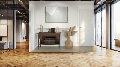 White hall in a modern classic style with a horizontal poster over a wooden cabinet with decor, pampas grass in a wicker basket, two doors, paneling on the walls, wooden floor. Front view. 3d render Wall mural