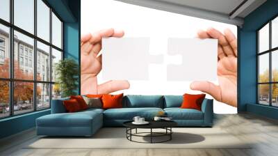 connection concept. hands with pieces of puzzle on white backgro Wall mural