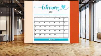 February 2024 calendar page with plant pot Wall mural