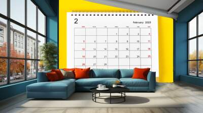 The February 2023 Monthly desk calendar for 2023 year on yellow background. Wall mural