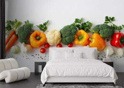 arrangement of fiber-rich vegetables like broccoli, carrots, and bell peppers on a white background Wall mural