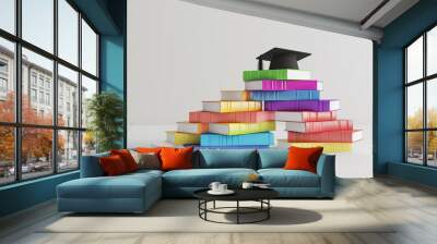 colorful books and graduation cap on white background, book creating stairway shape Wall mural