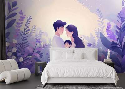 magazine style illustration of the family values, portal with a happy family, lavender and mint colors Wall mural