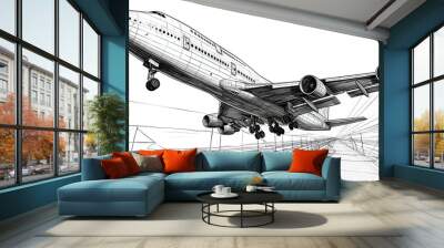 modern minimal design lines aero plane flying in direction of the camera from right to up left, perspective, artistic, pencil and brush watercolor art, sketch drawing Wall mural