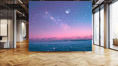 realistic photo of a light purple blue sky and some tiny stars and a half moon, pink universe, sparkly stars, galaxy, blue, pink, dark black blue in the top Wall mural