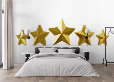 Five Gold rating star symbol of customer satisfaction review service best quality ranking icon or shiny feedback success sign award and product evaluation rate on golden 3d background with excellent. Wall mural