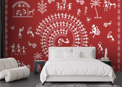 Illustration of Indian Tribal Painting. Warli Art Vector Design. Wall mural